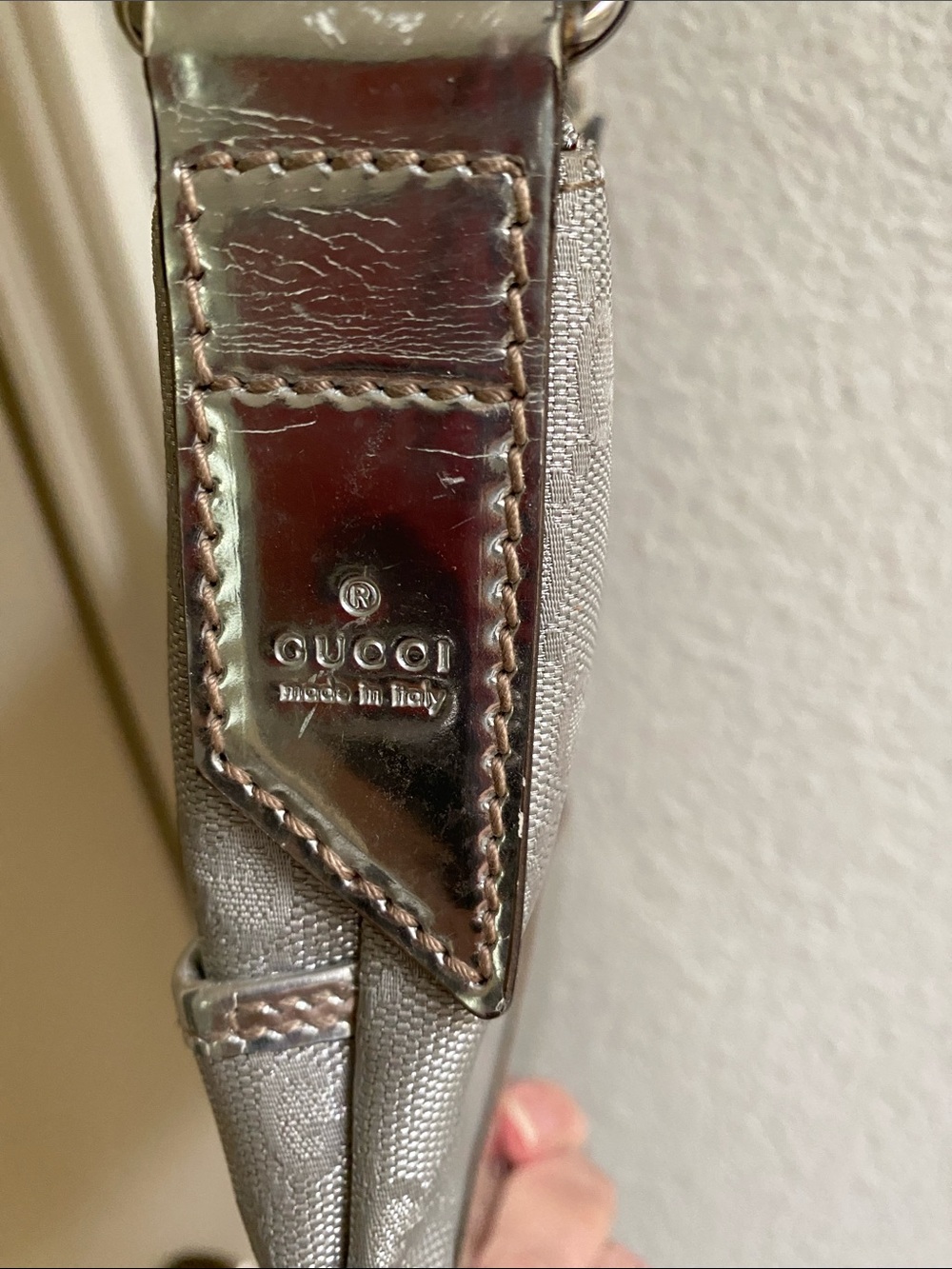 Gucci Silver Monogram Crossbody with Striped Web Strap - Picture 11 of 11
